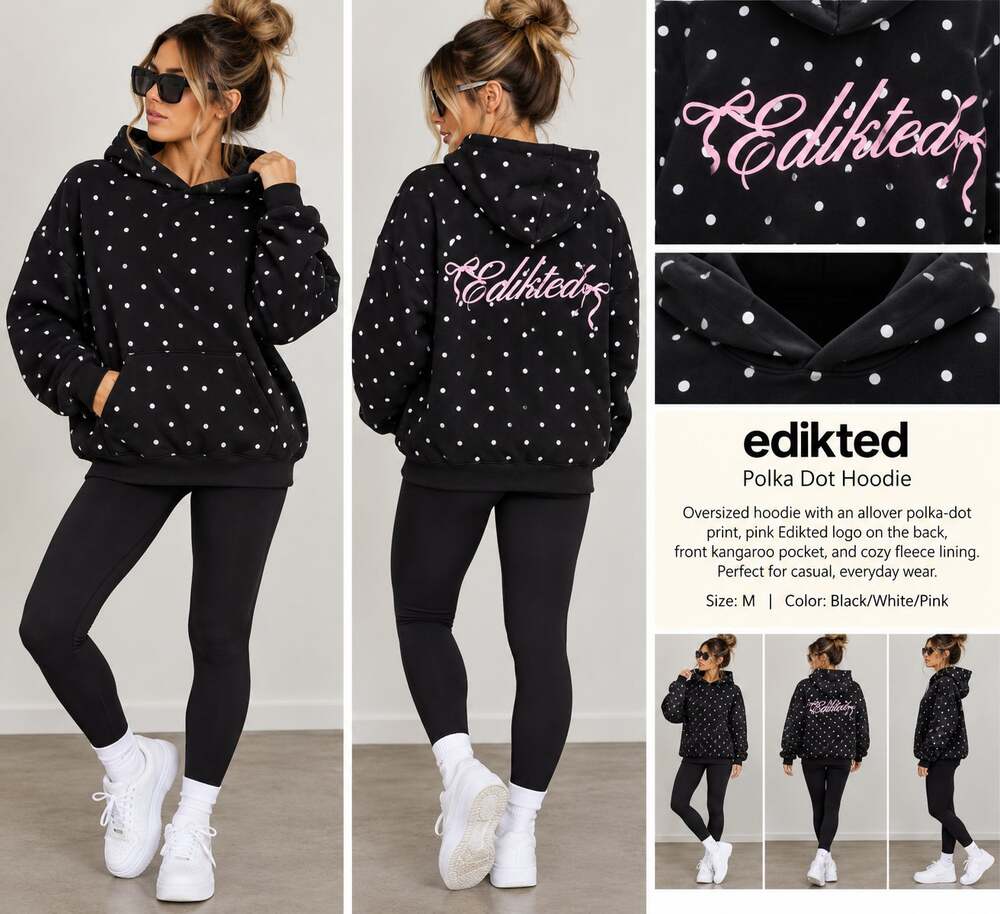 Edikted Black & White Polka Dot Oversized Hoodie Size M